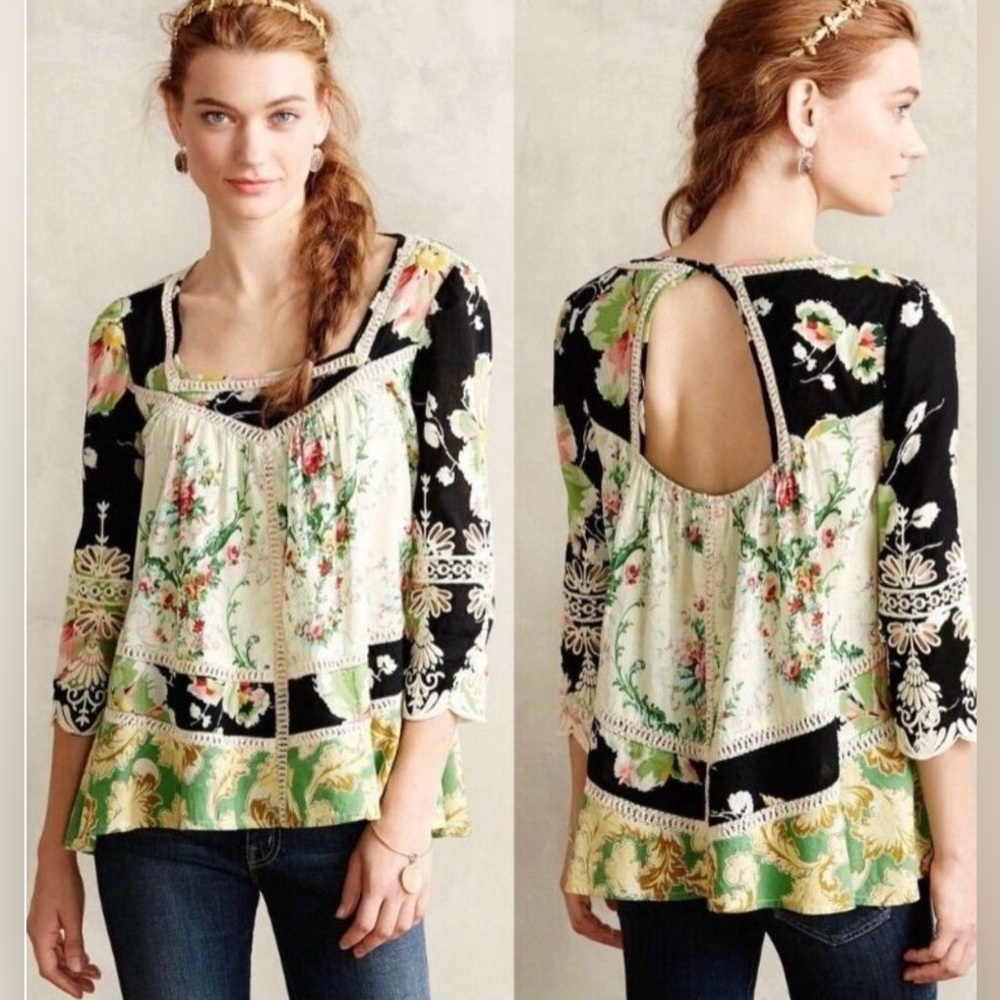 Anthro Vanessa Virginia Prateria Floral Tie Back Peasant Blouse in Black & Multi